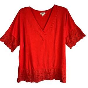 Style and Co. Top Womens XXL Red/Orange V-Neck Eyelet Trim Cottage Mature 2XL
